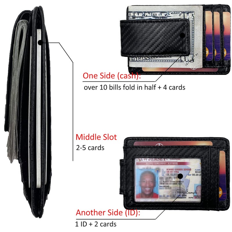 HOPSOOKEN Money Clip RFID Front Pocket Wallet Men Leather Slim Minimalist Wallet (Black (Carbon Fiber Leather)) - Image 2